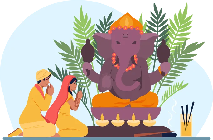 Indian people performing ganpati puja  Illustration