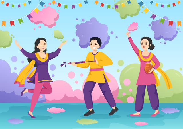 Indian people playing at Holi festival Illustration