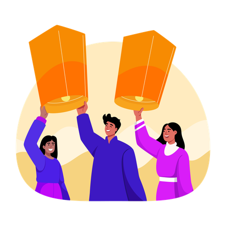 Indian people Releasing lanterns  Illustration