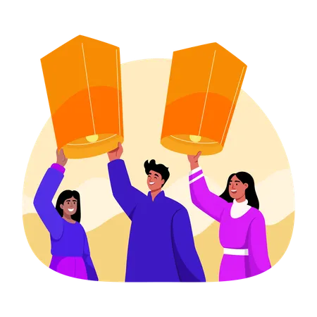 Indian people Releasing lanterns  Illustration