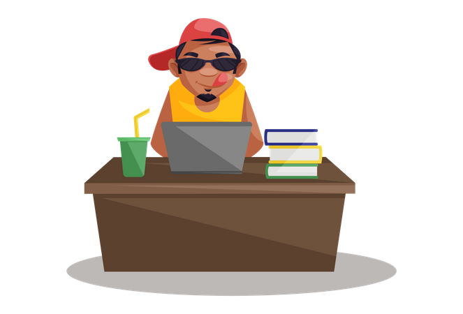 Indian Photographer doing work on laptop sitting on desk  일러스트레이션