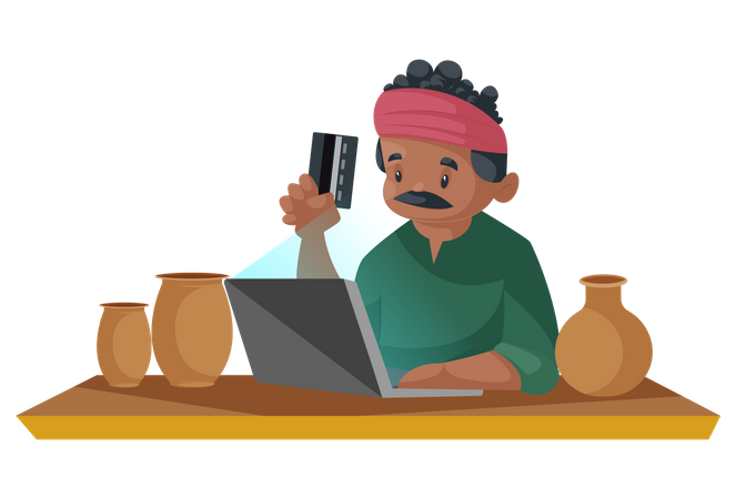 Indian potter accepting online card payment  Illustration