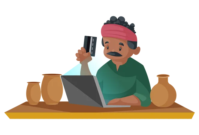 Indian potter accepting online card payment  Illustration