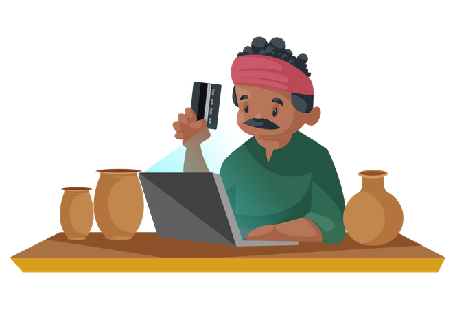 Indian potter accepting online card payment  Illustration