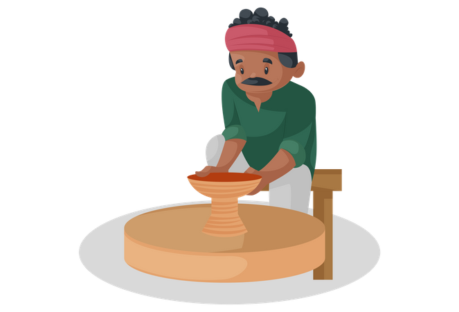 Indian potter is making earthen pot on the spinning wheel Illustration