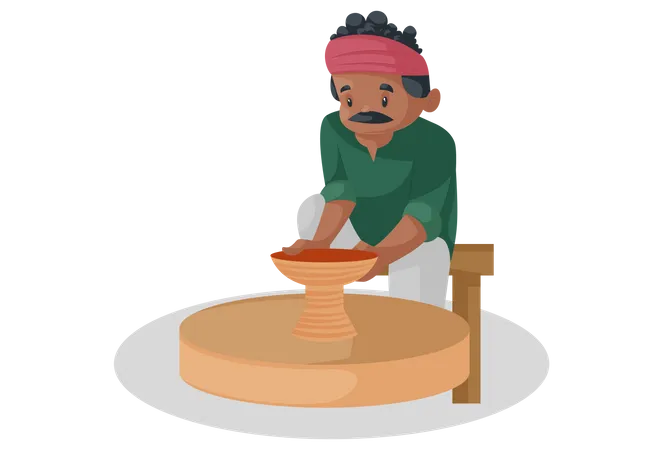 Indian potter is making earthen pot on the spinning wheel  Illustration