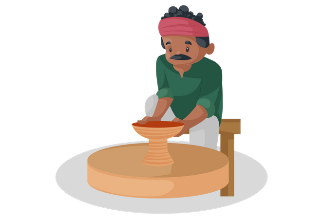 Indian potter is making earthen pot on the spinning wheel  Illustration