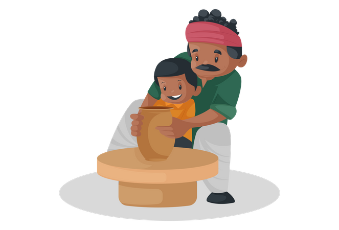 Indian potter is making earthen pot on the spinning wheel with a child  Illustration
