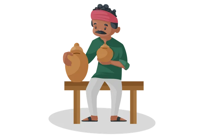 Indian potter is sitting and holding Gullak in hand  Illustration