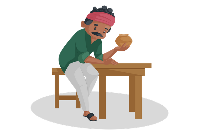 Indian potter is sitting on a table and holding an earthen pot in his hand  Illustration