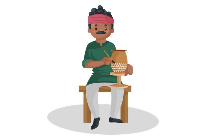 Indian potter making pattern on the earthen pot with paint brush  Illustration