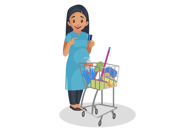 Indian pregnant woman doing shopping Illustration