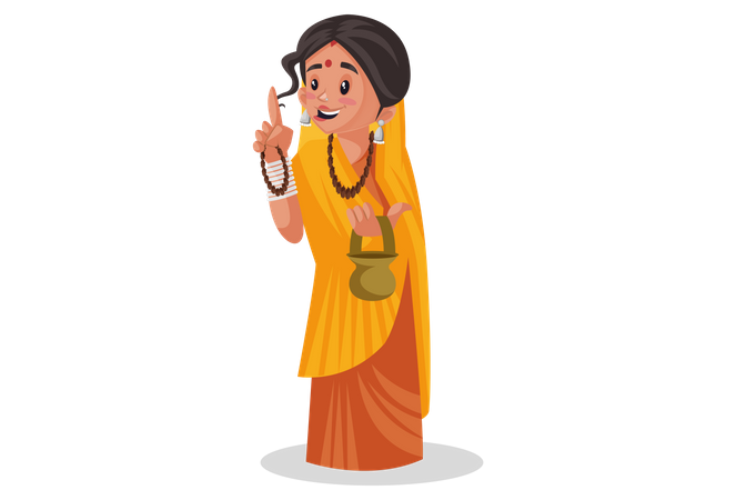 Indian priestess holding a brass Kamandal in hand and remembering god Illustration