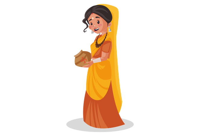 Indian priestess holding an earthen pot in hands Illustration
