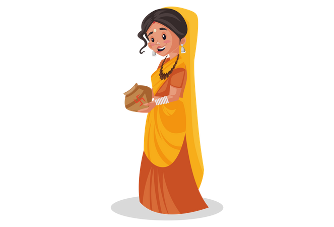 Indian priestess holding an earthen pot in hands  Illustration