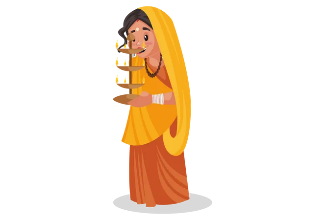 Indian priestess holding an multiple aarti lamp in hand Illustration