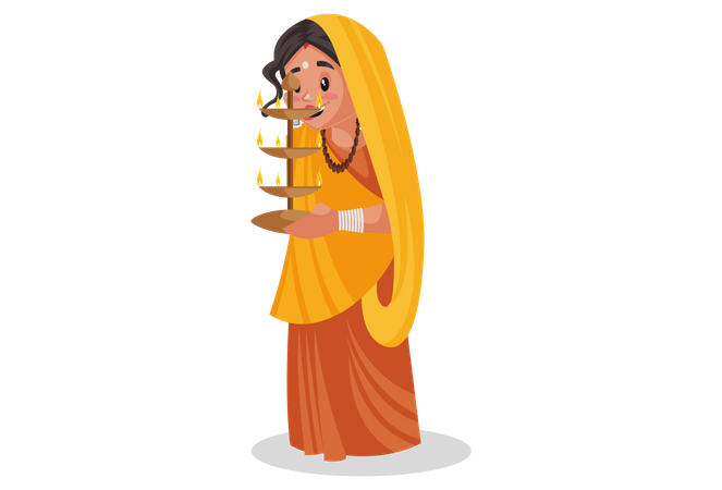 Indian priestess holding an multiple aarti lamp in hand  Illustration