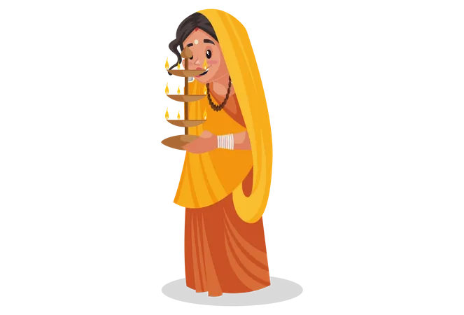 Indian priestess holding an multiple aarti lamp in hand  Illustration