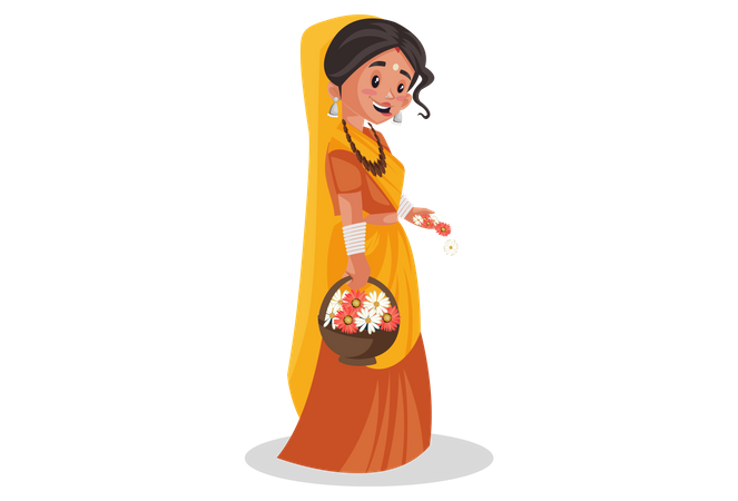 Indian priestess holding flowers pot in hand  Illustration