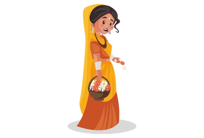 Indian priestess holding flowers pot in hand  Illustration