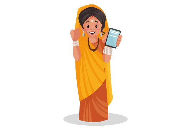 Indian priestess showing a mobile phone  Illustration