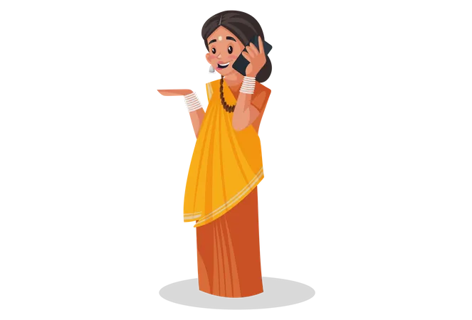 Indian priestess talking on mobile phone  Illustration