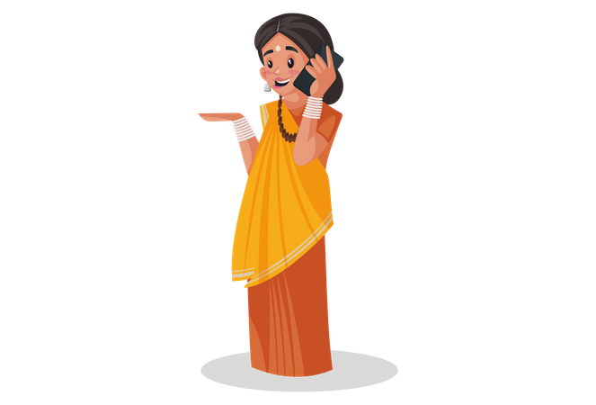 Indian priestess talking on mobile phone  Illustration