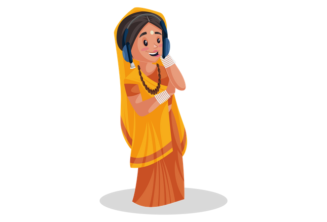 Indian priestess wearing headphone and listening to music Illustration