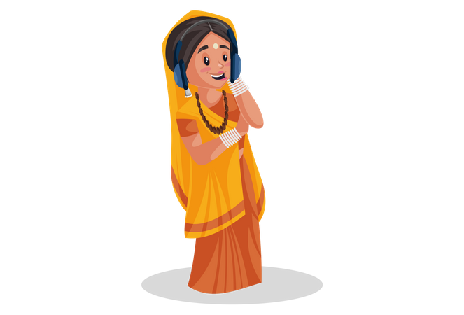 Indian priestess wearing headphone and listening to music  Illustration