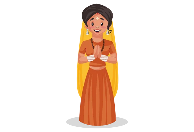 Indian priestess with greet hands doing Namaste  Illustration