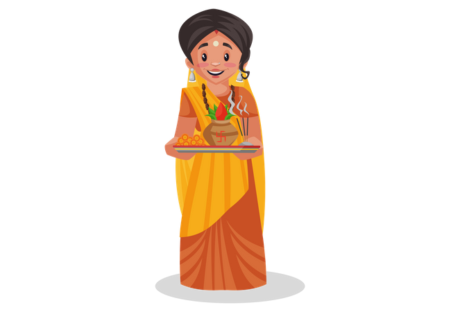 Indian priestess with holding worship plate in hands Illustration
