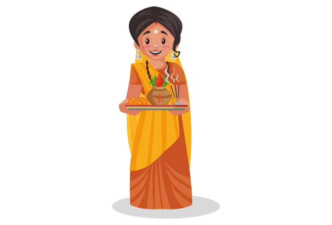 Indian priestess with holding worship plate in hands  Illustration