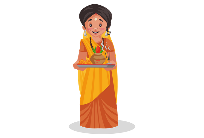 Indian priestess with holding worship plate in hands  Illustration