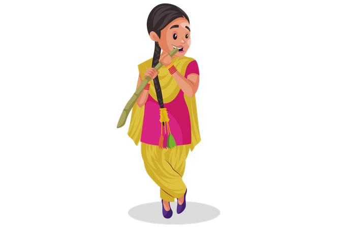 Indian punjabi woman eating Sugarcane  Illustration