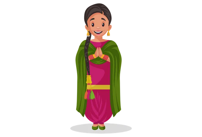 Indian punjabi woman standing in welcome pose  Illustration