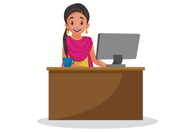 Indian punjabi woman working on computer  Illustration