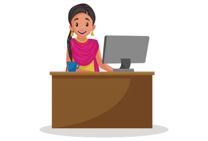 Indian punjabi woman working on computer  Illustration