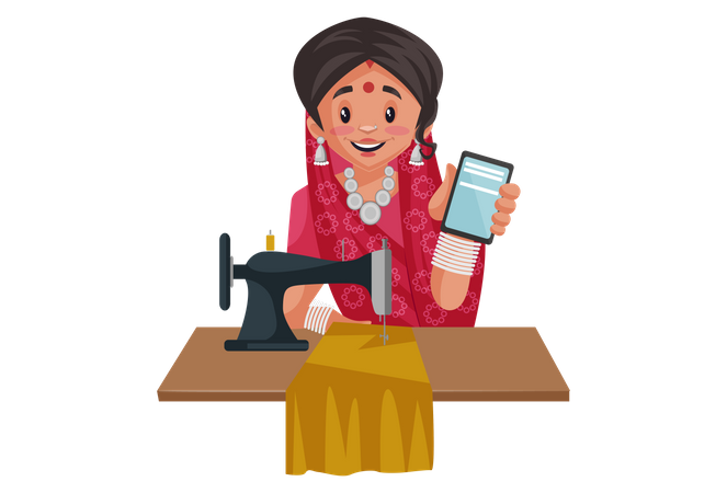 Indian rajasthani woman holding mobile and working on sewing machine  Illustration