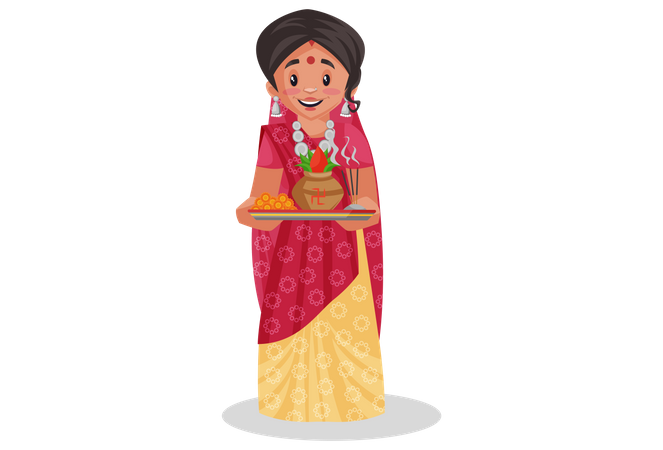 Indian rajasthani woman holding worship plate  Illustration