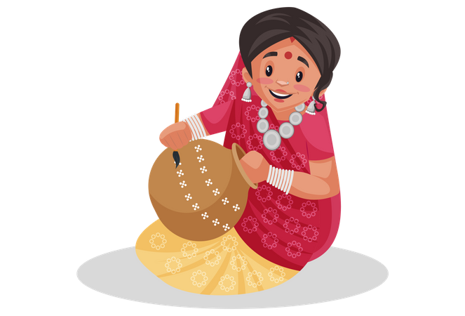 Indian rajasthani woman painting clay pot  Illustration