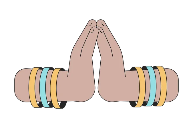 Indian Religious Praying Hands Linear Cartoon Character Hands Illustration Traditional Namaste Outline 2 D Vector Image White Background Festival Of Lights Hindu Festival Editable Flat Color Clipart Illustration