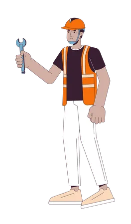 Indian Repairman Construction Worker 2 D Linear Cartoon Character South Asian Male Contractor Hardhat Isolated Line Vector Person White Background Holding Wrench Color Flat Spot Illustration Illustration