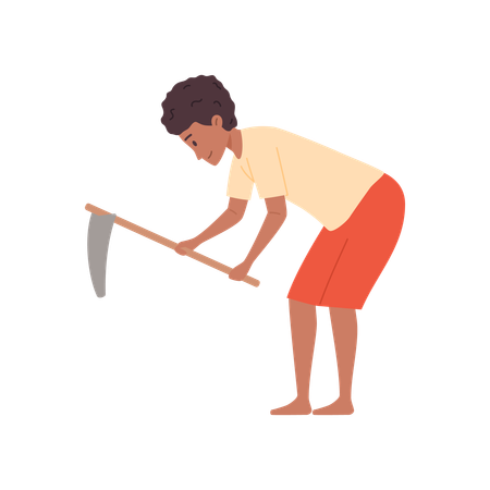 Indian rural agricultural worker cultivates with hoe  Illustration