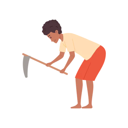 Indian rural agricultural worker cultivates with hoe  Illustration