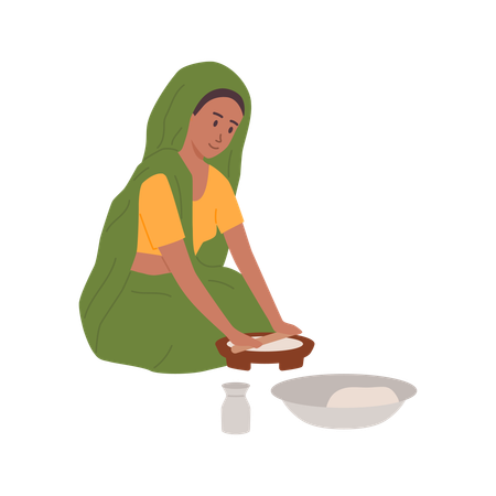 Indian rural woman cooking food with traditional way of baking flatbread  Illustration