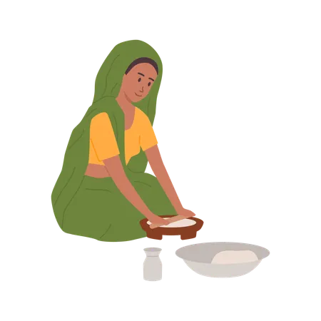 Indian rural woman cooking food with traditional way of baking flatbread  Illustration
