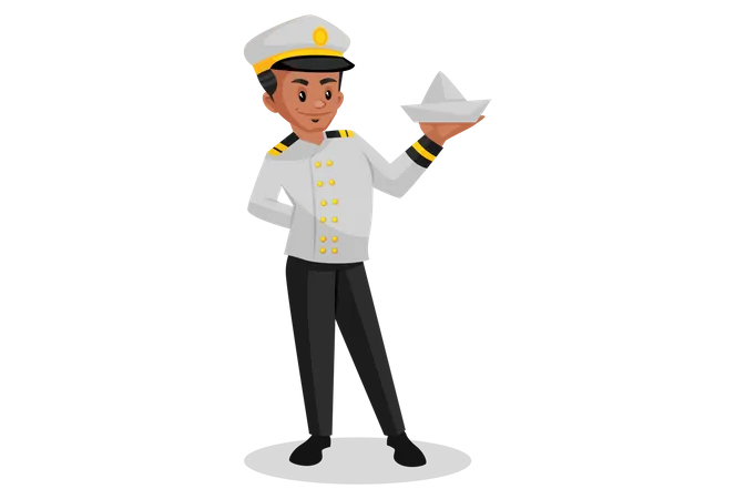 Indian sailor holding paper boat in his hand Illustration
