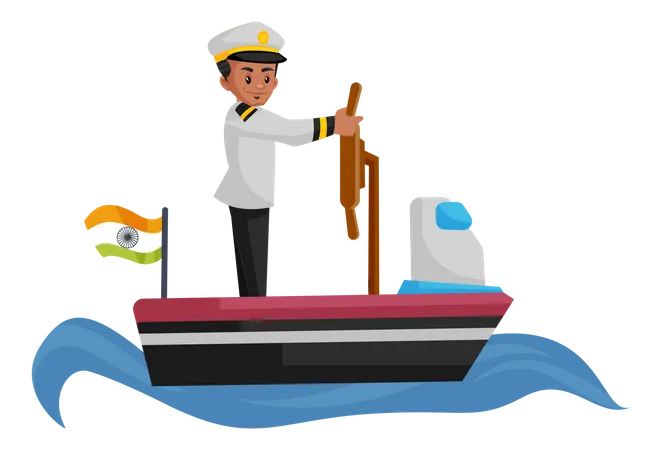Indian sailor sailing boat in sea Illustration