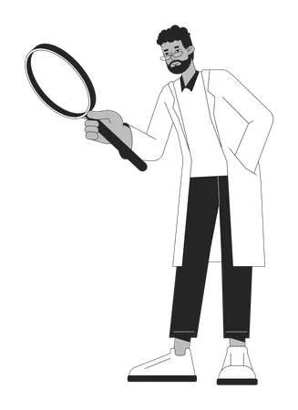 Indian Scientist With Magnifying Glass Flat Line Black White Vector Character Science Research Editable Outline Full Body Person Simple Cartoon Isolated Spot Illustration For Web Graphic Design Illustration