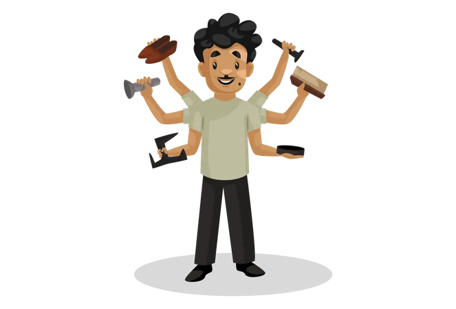 Indian shoe repairman holding shoe repairing tools in hand  Illustration